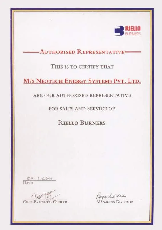 Riello authorised representative certificate