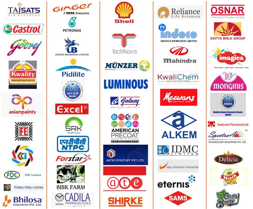 Neotech clients including Godrej, Asian Paints, Castrol, Shell, Reliance Life Sciences, Mahindra, Pidilite, NTPC, BARC, Aditya Birla Group, Alkem, Monginis and others